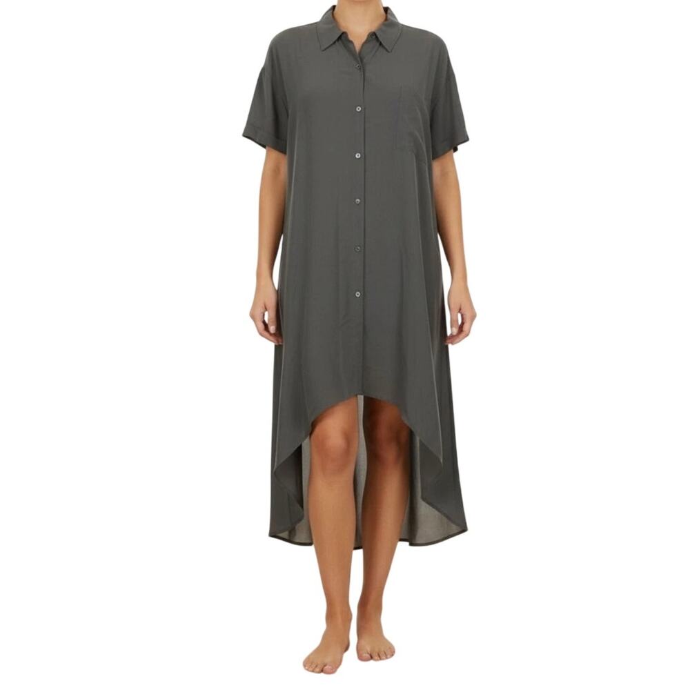 Eileen Fisher Silk Tunic Crepe De Chine High-Low Button Up Gray XS Minimalist